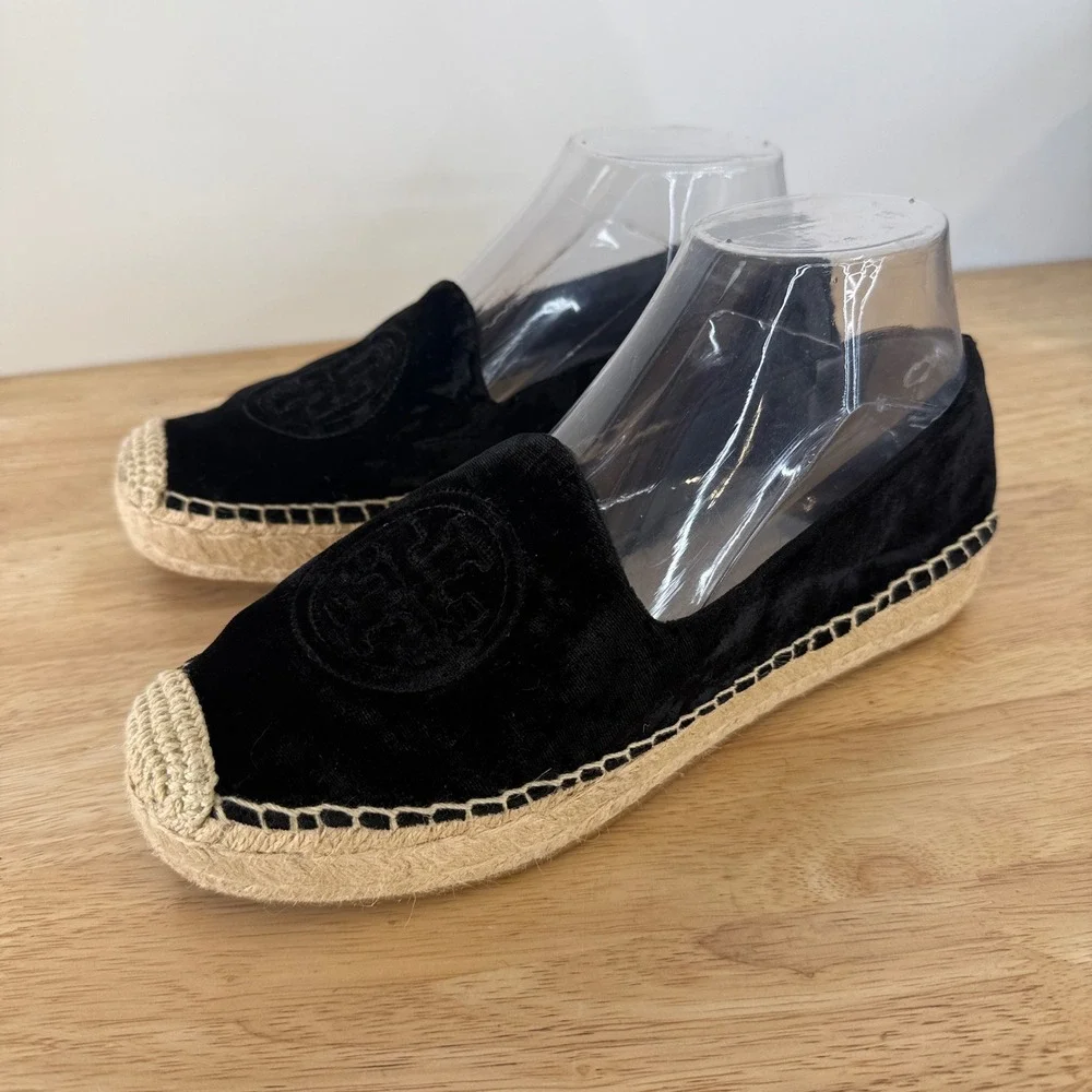 Tory Burch Velvet Platform Espadrille Women 8 Black Double T Logo 8099 F19